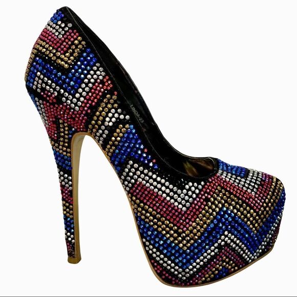 𝅺MASCOTTE red blue gold silver rhinestone embellished high heel platform pumps 7 - Picture 10 of 10